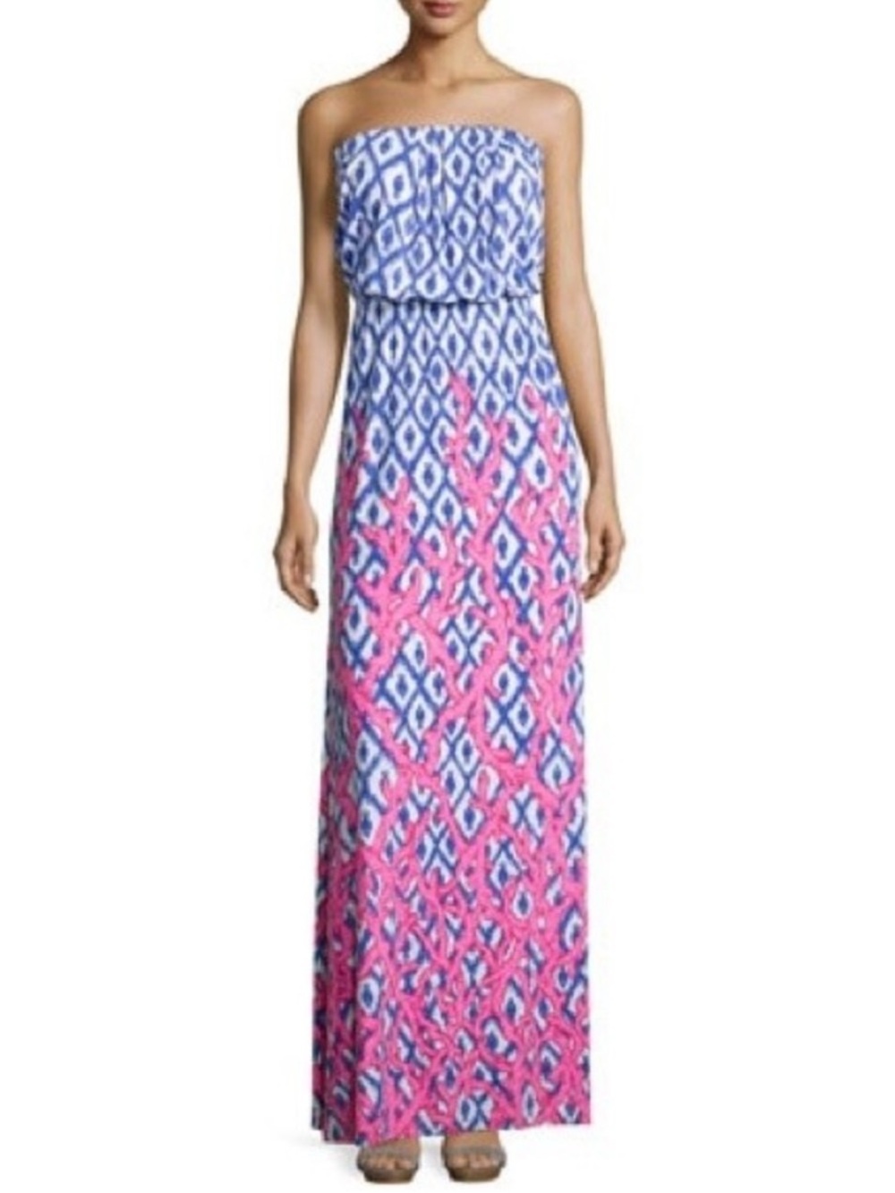 Lilly Pulitzer Marlisa Women’s Strapless Coral Print Blue Column Maxi Dress Sz S